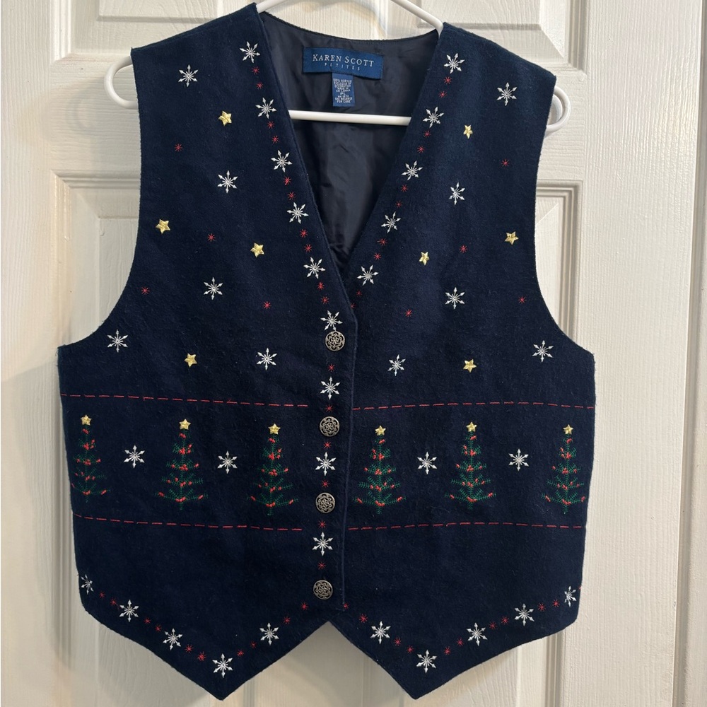 Karen Scott Navy Embroidered Holiday Vest with Star Accents